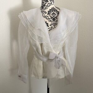 Vintage Hampton Nites Elegant Sheer White Ruffled Blouse Sz large